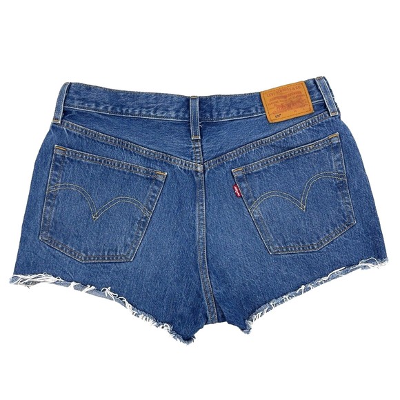 Levis Premium 501 Denim Cut Off Button Fly Medium Blue Jean Shorts Womens 30 - Picture 2 of 14